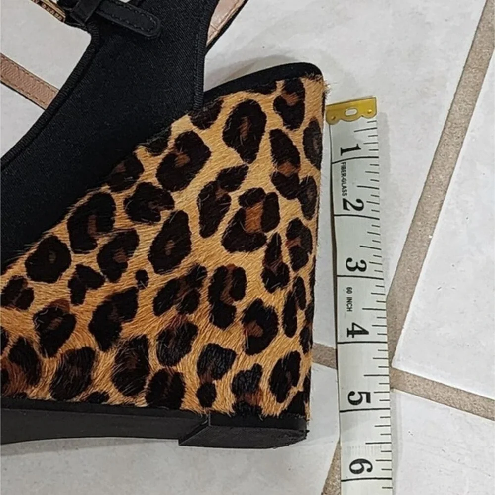 Tory Burch Black Criss Cross Leopard Print Wedge Platform Heels Sandals 9.5‎